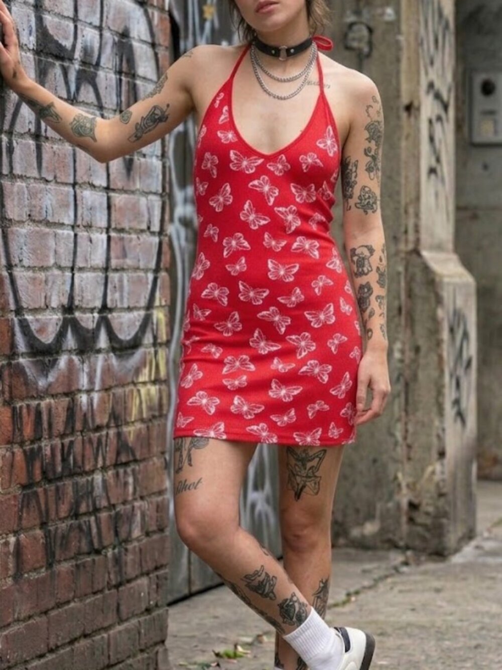 No Boundaries Red Butterfly Halter Mini Dress Y2K Alt Juniors M